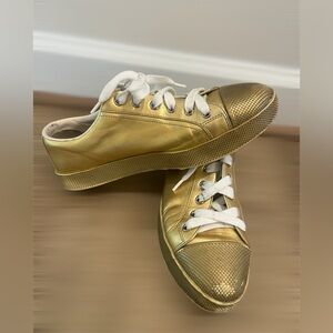 Authentic✨ Prada Gold Leather Top Sneakers Lace Up Designer Shoes Women Size 7